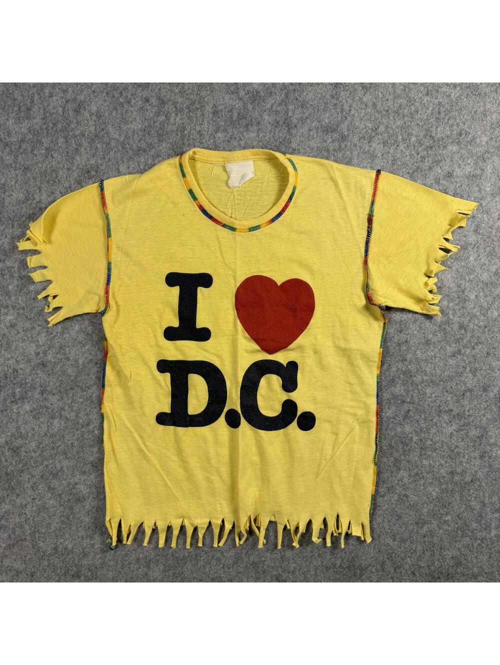 I Love D.C. T-Shirt Yellow Graphic Fringe Hem Short Sleeve S